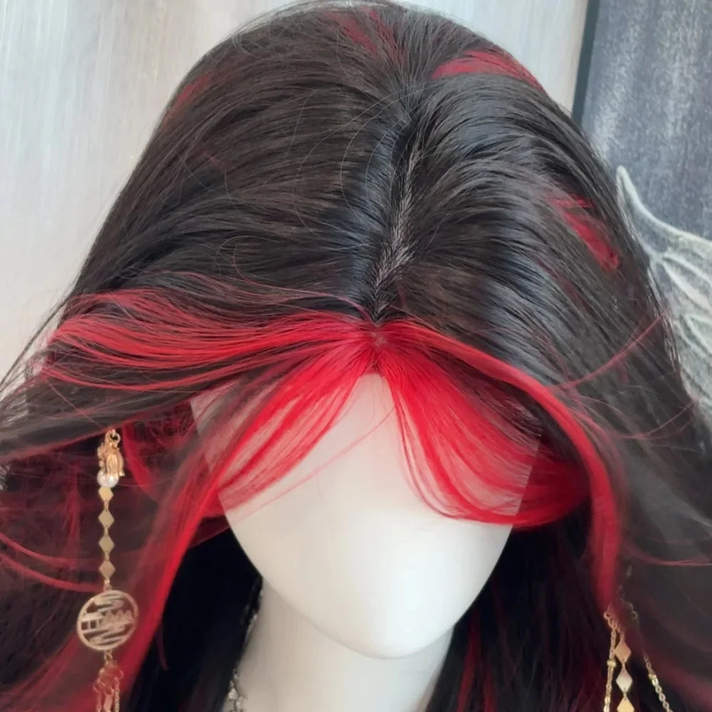 Black Ombre Red Layered Wig Synthetic Long Wavy Women Fluffy Lolita Style Cosplay Wig Middle Part for Daily Party