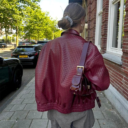 Dulzura 2025 Autumn Fashion Casual Turn-Down Collar Long Sleeve Zipper Slim Woven Leather Jacket Party Club Street Style Clothes