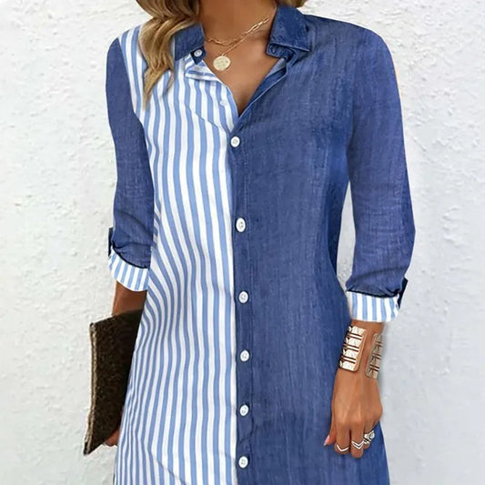 Women's Shirts Spring 2024 Elegant Striped Color Long Sleeved Comfortable Casual Buckle Medium Length Blouse Female