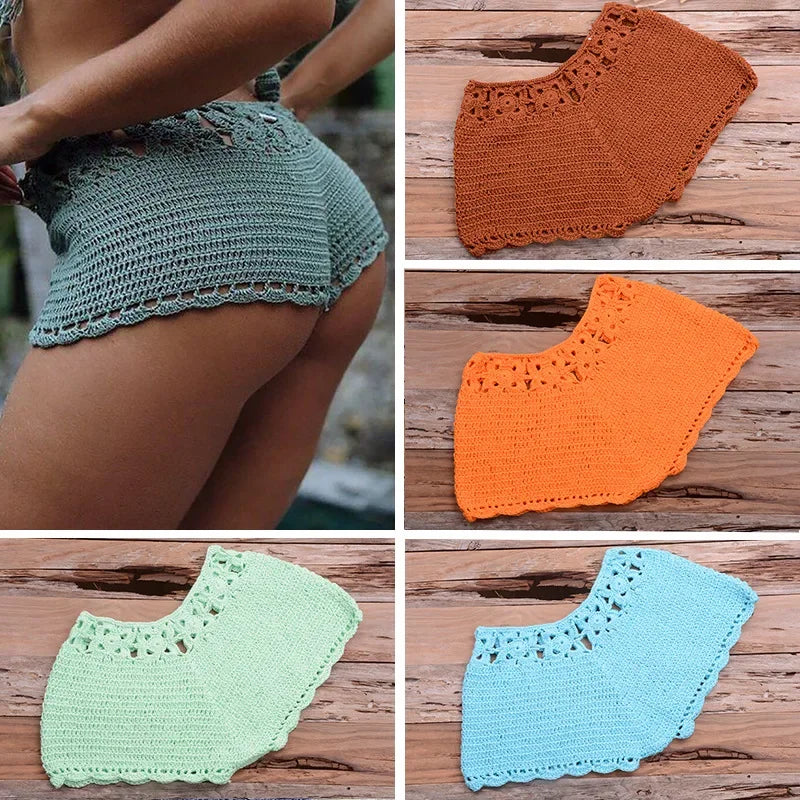 Sexy Hollow out Hooked Bikini Set Short Style Beachwear Pure Color Vacation Cover up Beach Clothes Women's Fashion Swimwear