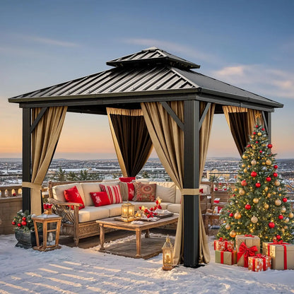 10x10ft Hardtop Gazebo, Nettings and Curtains, Heavy Duty Double Roof Galvanized Steel Outdoor Combined of Vertical Stripes Roof