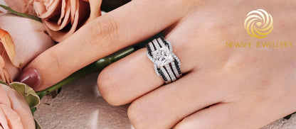 Newshe 925 Sterling Silver Black Blue White 5A Grade Cubic Zircon Wedding Ring Enhancer for Women Twist Rope Design Fine Jewelry