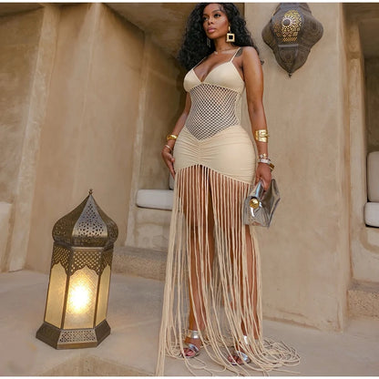 Hollow Out See-through Long Dress Women Holiday Tassels High Waist Sleeveless Strap Dresses Female Backless Evening Club  Robe