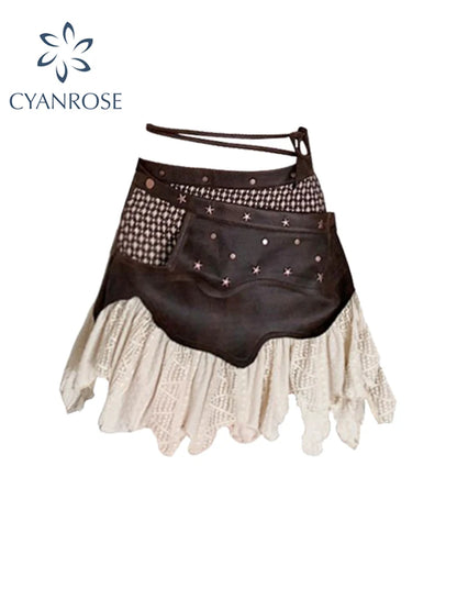Y2k Patchwork Skirt Women's Skirts Kawaii High Waist Bandage A-Line Mini Skirt Harajuku Vintage Punk Party Girl Summer Clothes
