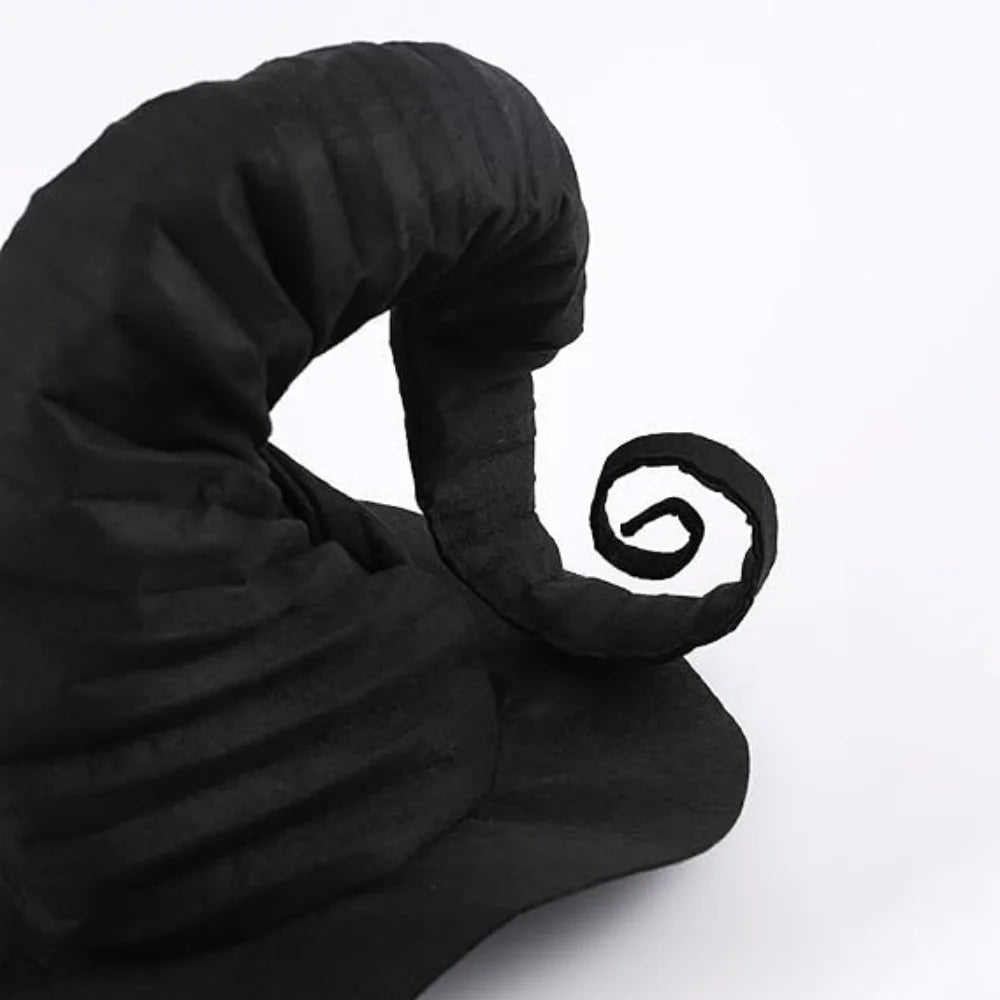 Handmade black witch hat for women with a unique rolled design and textured finish
