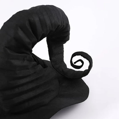 Handmade black witch hat for women with a unique rolled design and textured finish