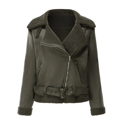 Warm Suede Lamb Jacket Winter Women Thick Short Motorcycle Coats Faux Shearling Leather Jackets Zip Cool Outwear Women'S Coat