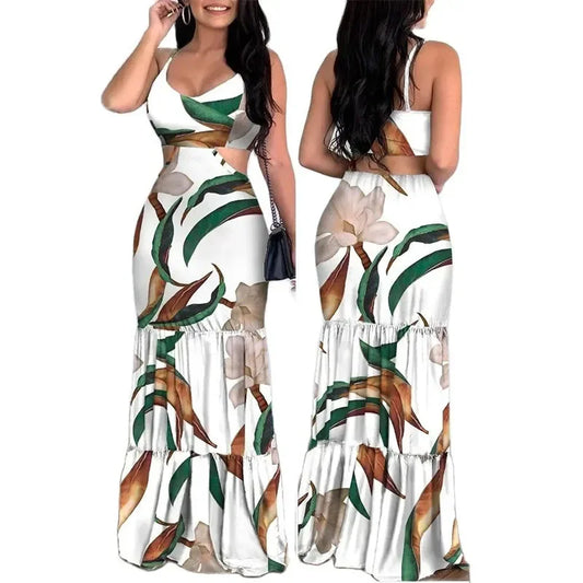 Women's Summer New Elegant Print Fashion Floral Sexy Backless Boho Maxi Ruffle Hollow Out Long Slim Beach Suspender Sheath Dress