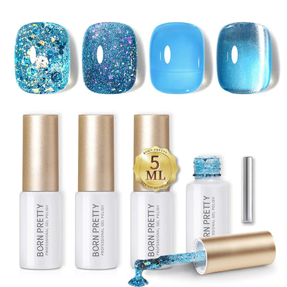 BORN PRETTY 7ml Glitter Gel Nail Polish Set Sparkly Shiny Gold Silver Pink Glitter Gel Polish Kit Winter Christmas Gift Box