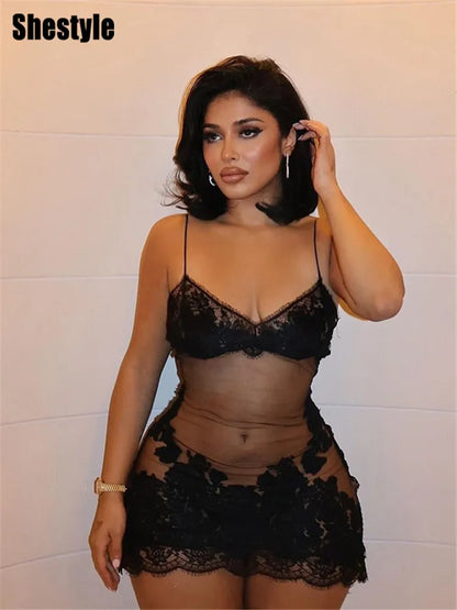 Shestyle Lace Transparent Mini Dress Sexy Women Wrapping Spaghetti Embroidery Flower Sheath Nightwear Club Mesh Wave Fantacy