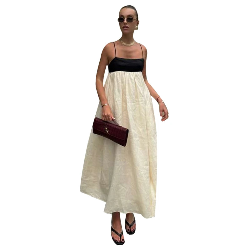 Contrast Loose Sling Women Dresses Sleeveless Backless Square Collar Female Dress 2024 Fashion High Waist Summer Sexy Lady Robe