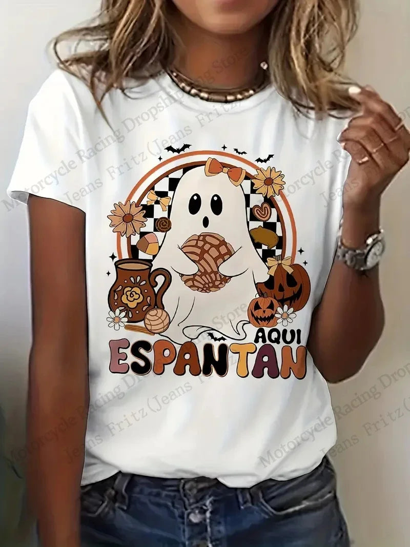 EtherealBe Halloween 3D print t-shirt women featuring a cute ghost design with Halloween elements