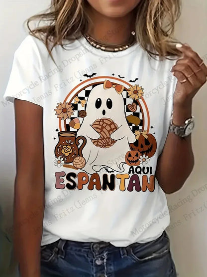 EtherealBe Halloween 3D print t-shirt women featuring a cute ghost design with Halloween elements