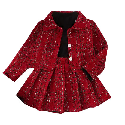 Spring And Autumn Girls Clothes Set 4Y,5Y,6Y,7Y Plaid Coats+Long Sleeved Ribbed Tops+Skirts Three Piece Outfits Children Clothes