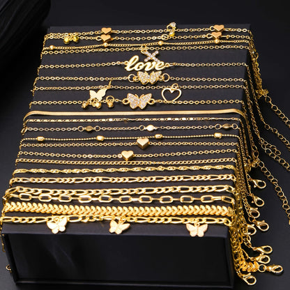 18Pcs Bohemian Summer Beach Anklet Set For Women Vintage Butterfly Heart Crystal Pendant Foot Bracelets Fashion Jewelry Gift New