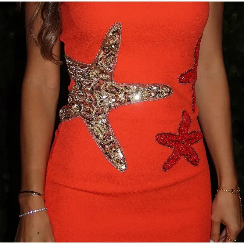 Prined Casual Women Star Mini Dress Fashion Sling Sleeveless Backless Pleat High Waist Robe 2025 New Female Beach Vacation Wear