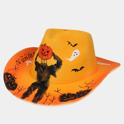 Colorful Halloween cowboy hat for adults featuring pumpkin, ghost, and bat designs