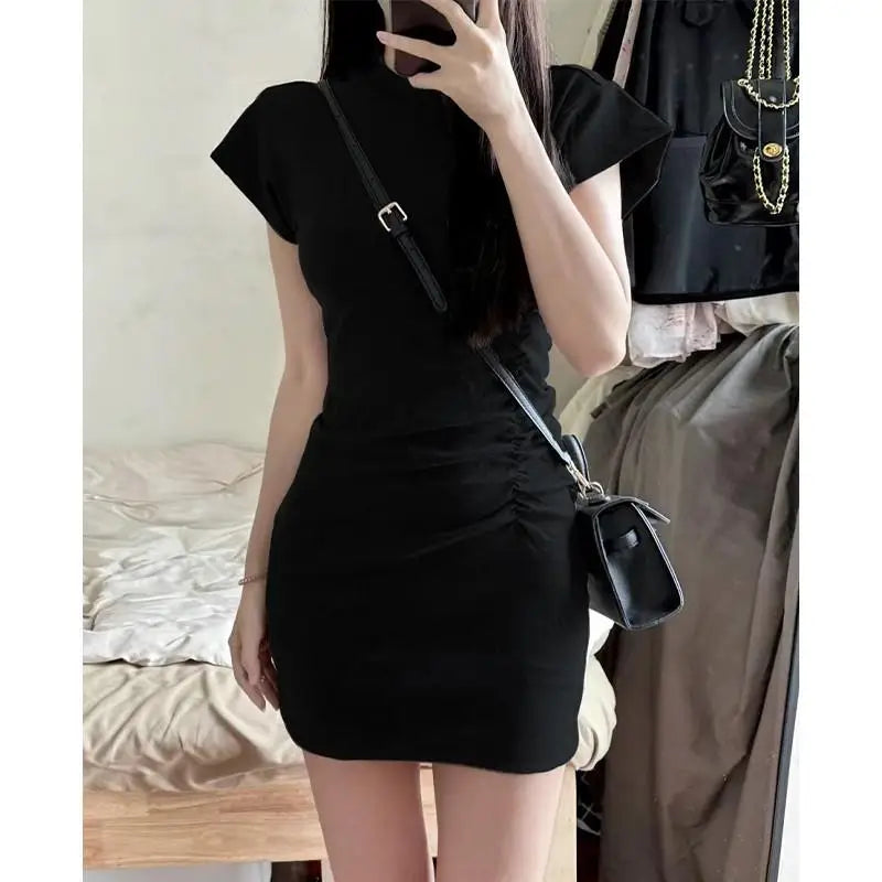 Slim Fit T-irt Dr Women's Spring Summer ort Sve Pleated Waist Cinching A-Line Midi Dr Small Stature 50