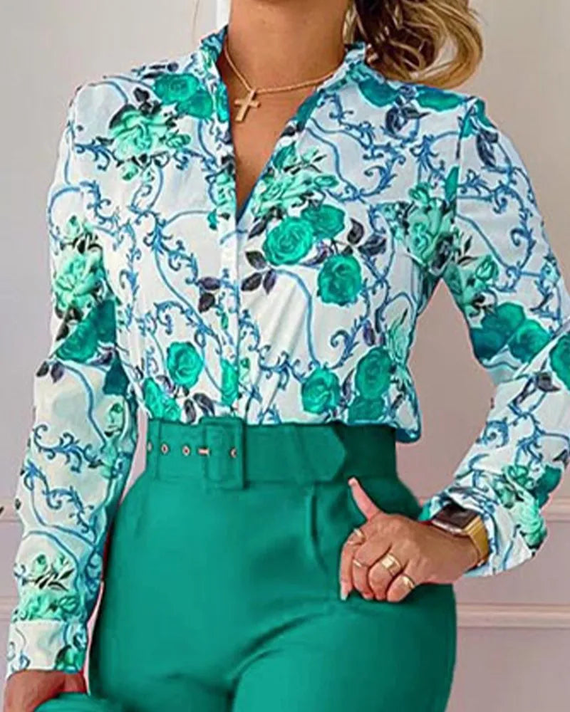 Autumn Winter Stand Neck Floral Print Long Sleeve Shirt Pants Two Piece Sets Elegant Women Casual Shirt Trousers Suits With Belt