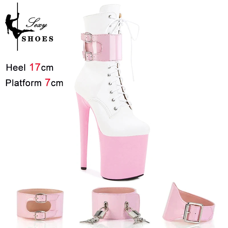 New Sexy Red Fetish Zip Women's Boots T Show Lock Belt Buckle Club Party Ankle Boots Thin High Heels Laces Stripper Heels Boots