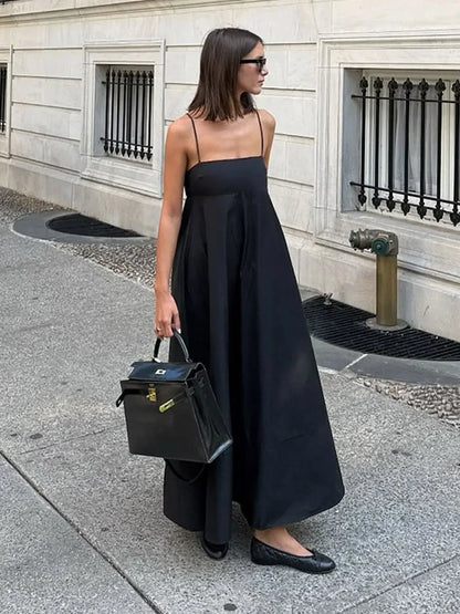 Solid Backless Spaghetti Strap Dress Women's Fashion Loose High Waist A-line Vestidos Summer Lady Holiday Street Robes 2025 New