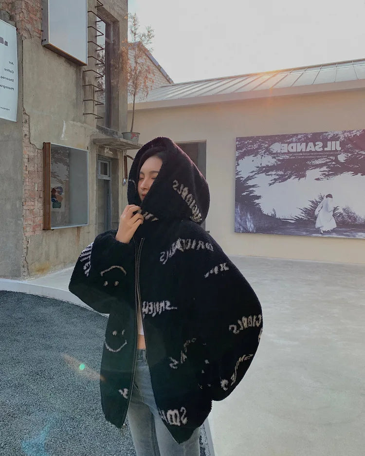 Jackets For Women 2022 Winter Cashmere Chic Printing Hooded Fashion Street Outerwear Sweet Casual College Women's jacket Coat