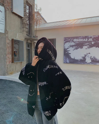 Jackets For Women 2022 Winter Cashmere Chic Printing Hooded Fashion Street Outerwear Sweet Casual College Women's jacket Coat