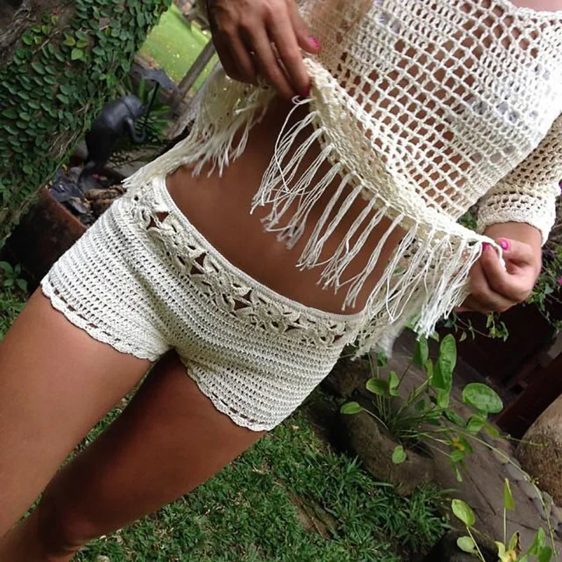 Sexy Hollow out Hooked Bikini Set Short Style Beachwear Pure Color Vacation Cover up Beach Clothes Women's Fashion Swimwear