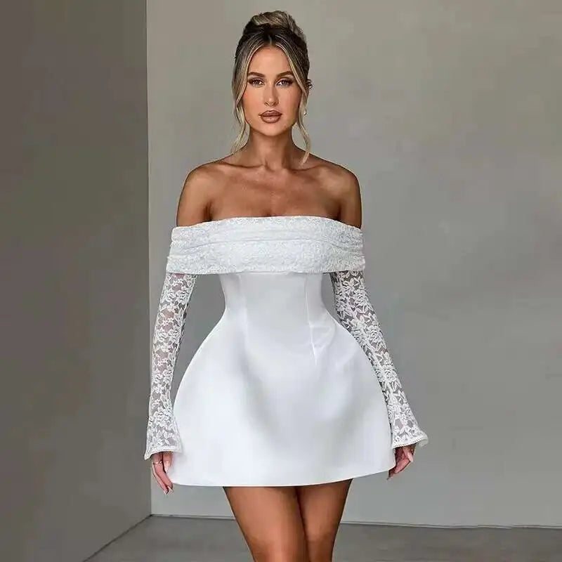 Townlike Lace Patchwork Waist Wrap A-line Dress Women Mini 2024 Autumn Winter Dress Backless Nightclub Sexy Party Dresses