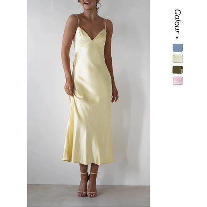 EtherealBe Sexy Satin Halter Dress in Olive Green
