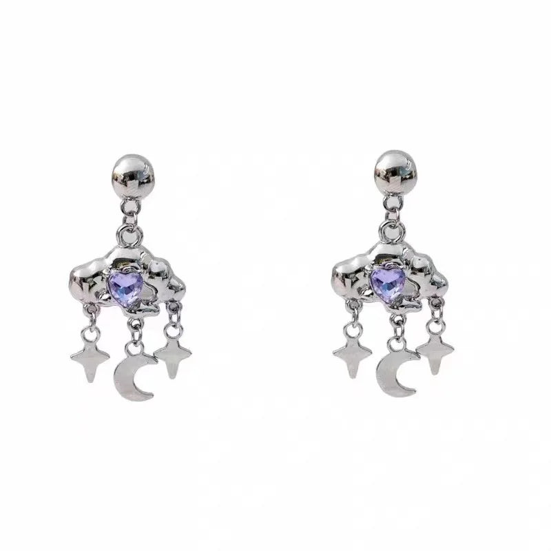 Fashion Purple Zircon Cloud Tassel Earrings For Women Fashion Creative Silver Color Star Moon Pendant Earrings Y2K Party Jewelry