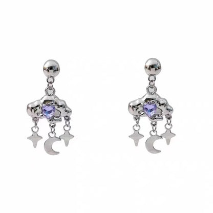 Fashion Purple Zircon Cloud Tassel Earrings For Women Fashion Creative Silver Color Star Moon Pendant Earrings Y2K Party Jewelry