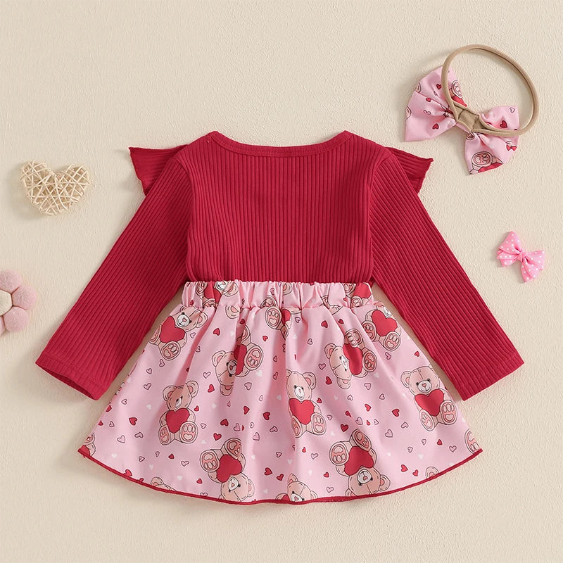 Infant Girls Rompers Dress Valentine s Day Outfit Bear Heart Print Skirt Hem Long Sleeve Spring Jumpsuits with Matching