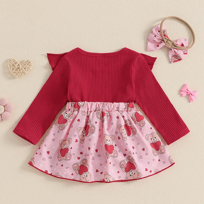 Infant Girls Rompers Dress Valentine s Day Outfit Bear Heart Print Skirt Hem Long Sleeve Spring Jumpsuits with Matching