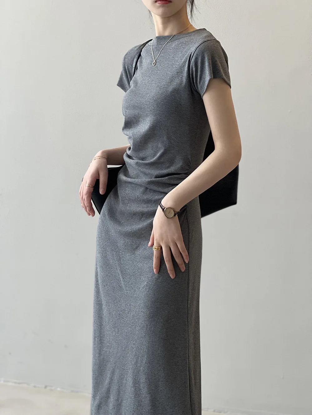 Slim Fit T-irt Dr Women's Spring Summer ort Sve Pleated Waist Cinching A-Line Midi Dr Small Stature 50