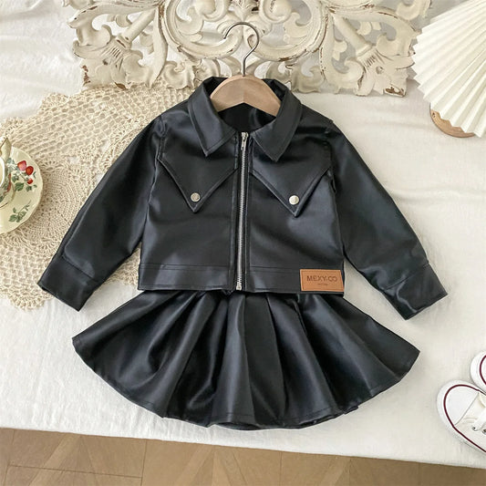 Children's Clothing Set 2025 Kids Clothes Autumn New Cool Girls Pu Leather Jacket With Short Skirt Fashion Two-Piece Outfit Set