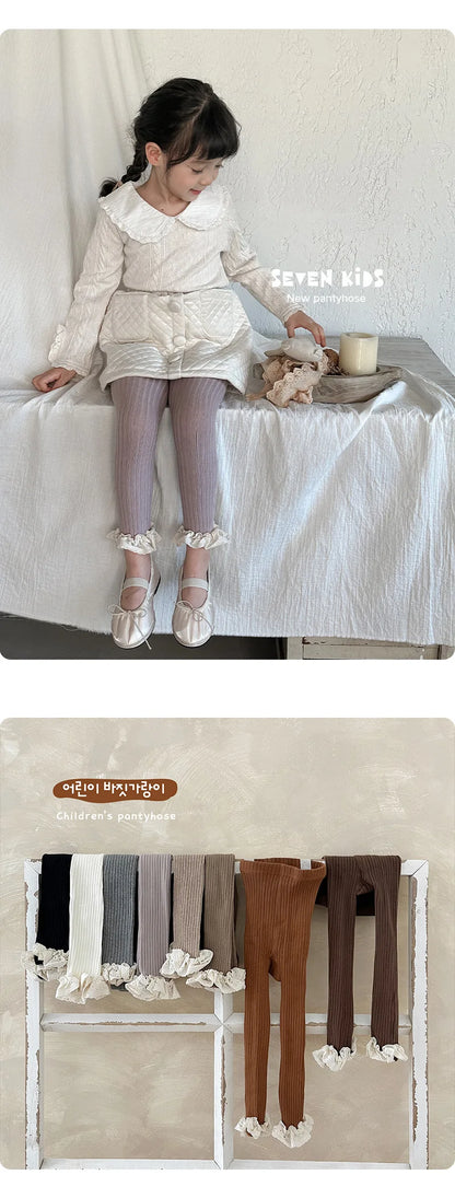 Autumn Baby Girls Leggings Ribbed Pants Cotton Lace Cuff  Toddler Kid Leggings Striped Casual Pants Kids Outfits Trousers
