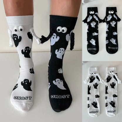 EtherealBe women's Halloween socks featuring playful ghost designs in black and white