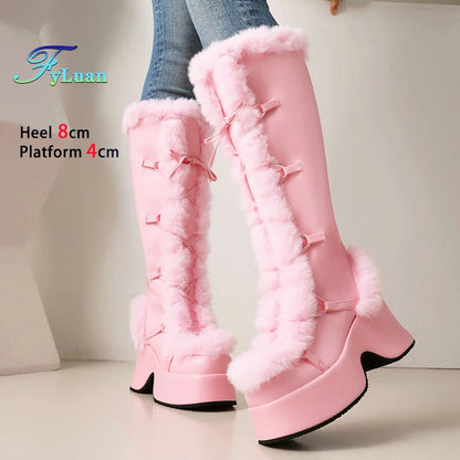 8CM Chunk Heels Winter Warm Knee High Boots Women Snow Short Plush Platform Boots Faux Fur Cosplay Lace-up Long Shoes Size 34-43
