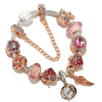 Spring Style Charms Bracelets For Women With Snake Chain Pink Daisy DIY Charms Beads Pendants Fashion Jewelry Dropshipping