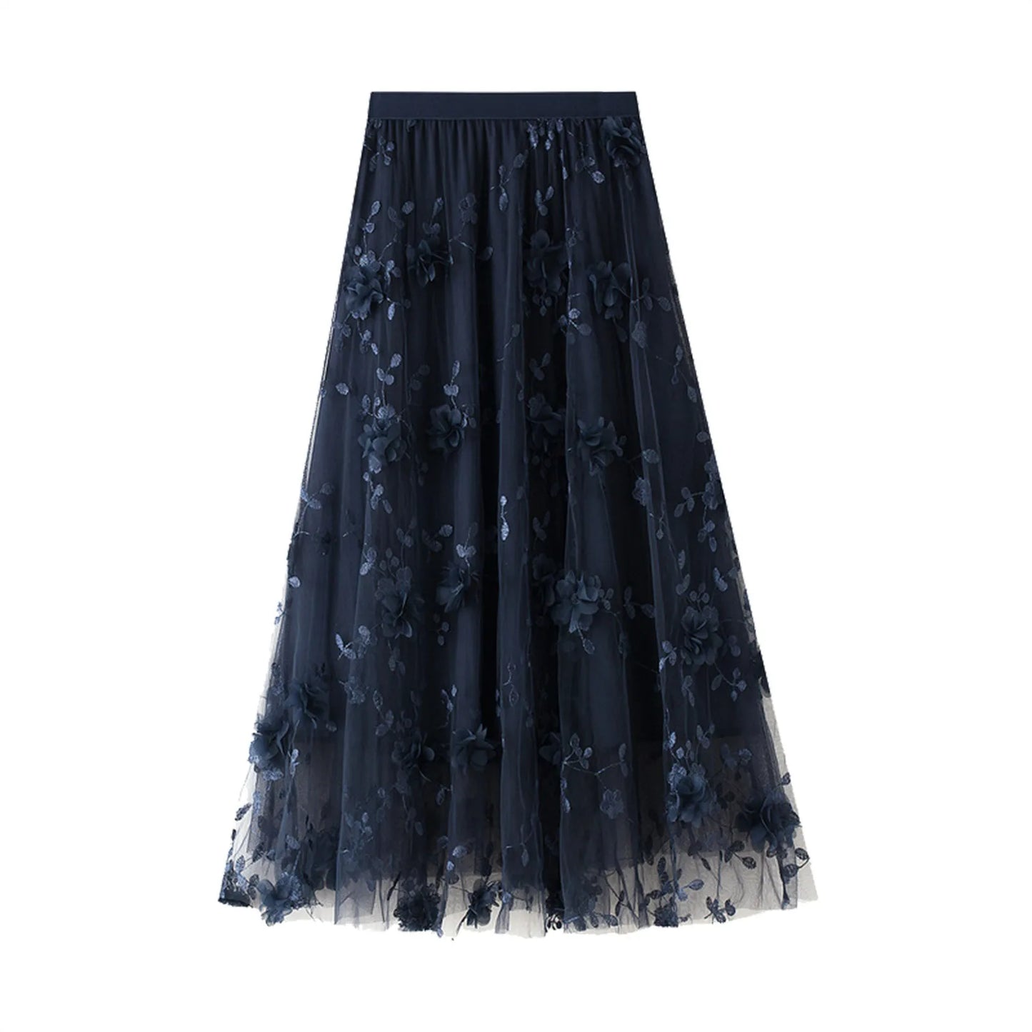 Korean Style Women's Floral Embroidered Mesh Skirt Harajuku High Waist A Line Midi Skirts Elegant Tulle Skirt Faldas Mujer