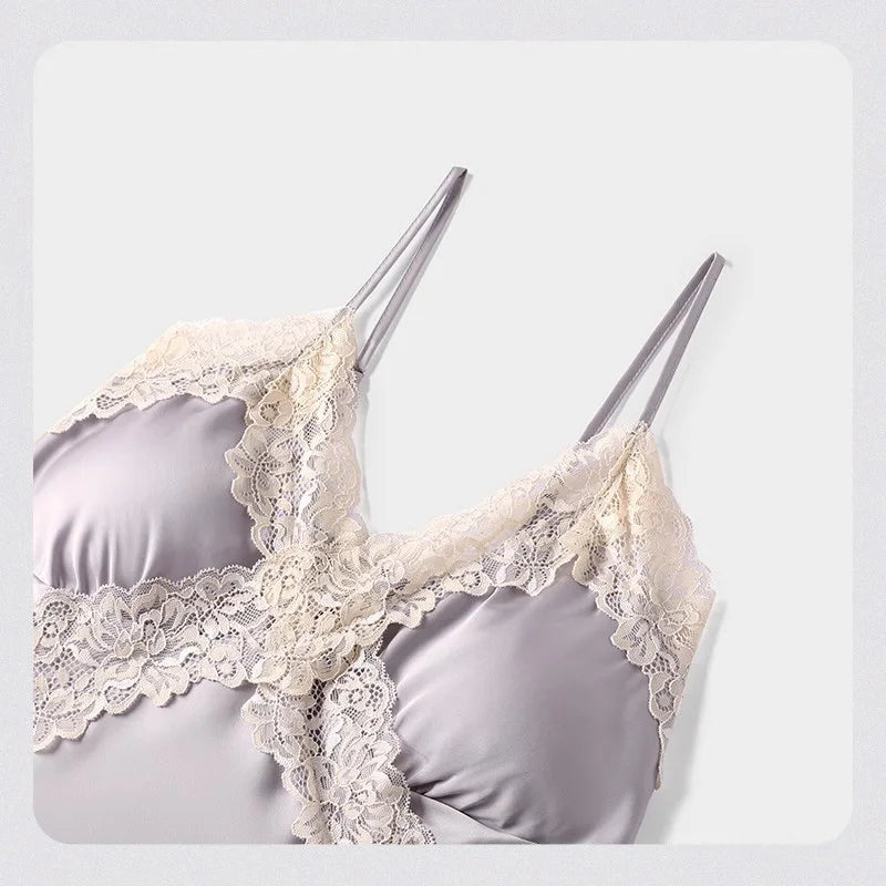 Womens Sexy Satin Pajama Set Lace Trim Cami Top Shorts Lingerie Sleepwear Silky Black Cream V Neck Spaghetti Strap Two Piece