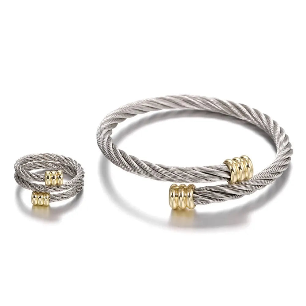 New Fashion Bangle Ring Set for Women Men Punk Stainless Steel Wrist Metal Bracelet No Fade Color Jewelry Accessories Gifts