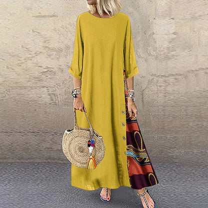Autumn New Women's Dress Fashion Printed Round Neck Retro Style Patchwork Temperament Commuter Three-quarter Sleeve Long Dress