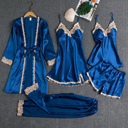 Women's Summer Sexy Pajama Pants Set 5 Pieces Nightgown Nightdress Top Shorts Pants Set Lace Satin Silk Sleepwear Robe Sleepwear