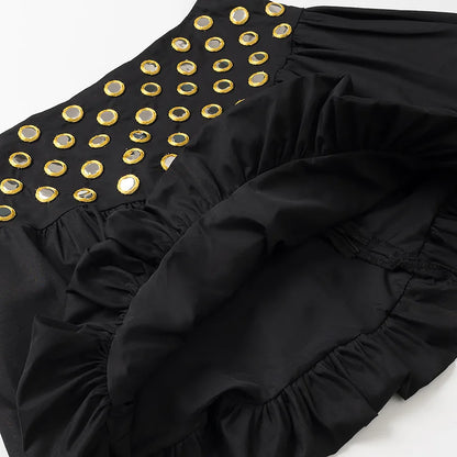 Women's Metal Hollow Pleated Suspender Skirt Two Piece Set Sexy Sleeveless Vest High Waist Mini Skirt Lady Vacation Dress Sets
