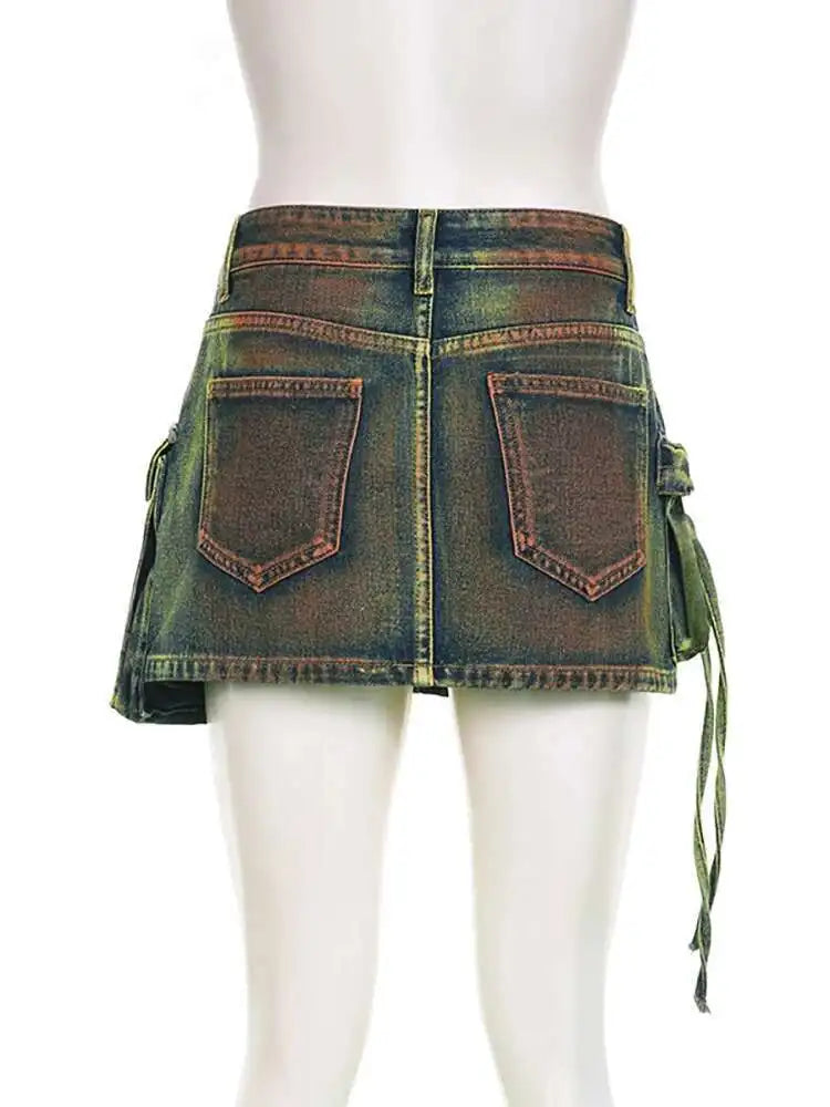 DEAT Women's Denim Skirts Tie-dye Green Irregular Spliced Multiple Pockets Cargo Mini Skirt 2025 Summer New Fashion 29L3411