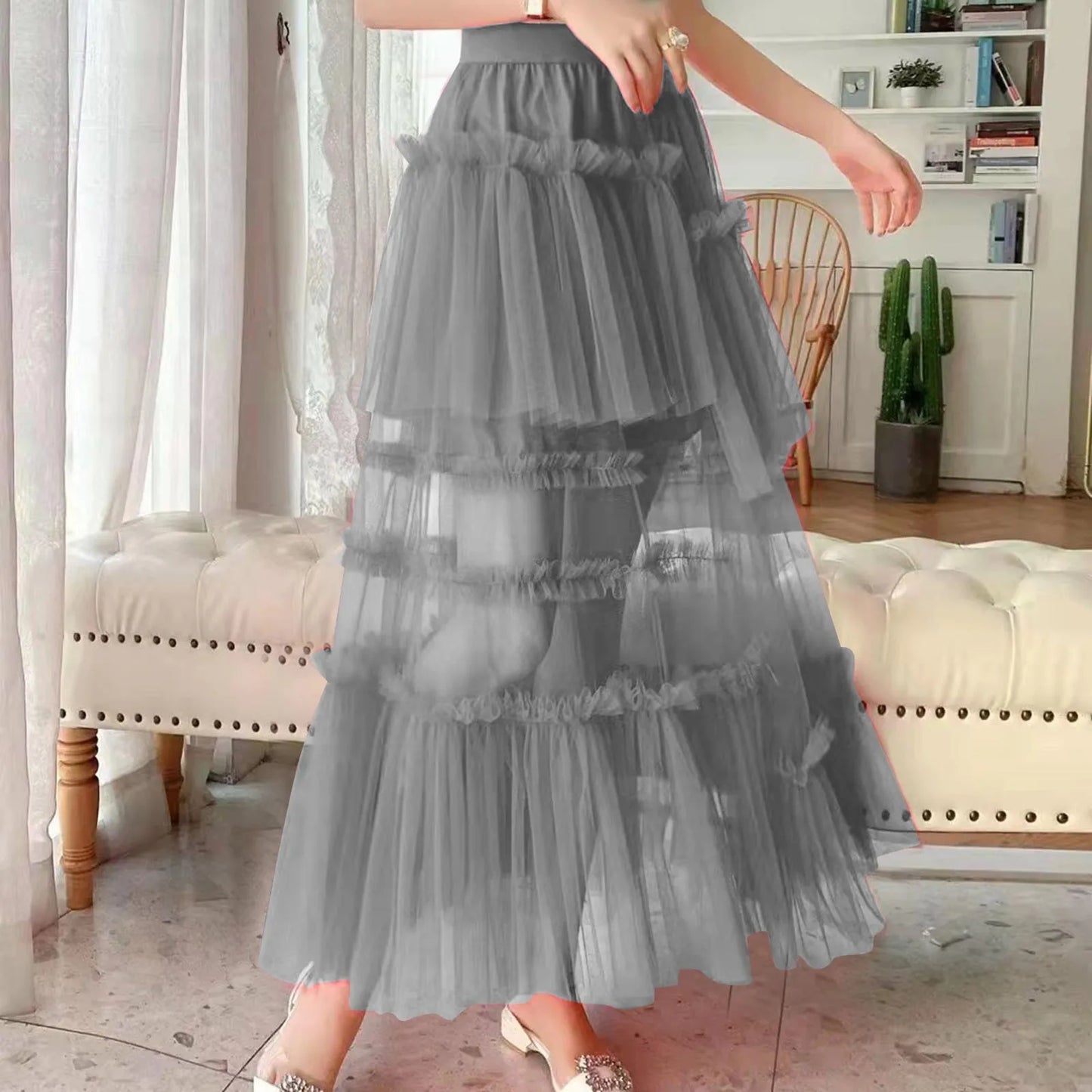 Skirts For Party 2024 Women's Long Summer Tulle Skirt Elegant High Waist Cocktail Party Wedding Flared Hem Dance Skirt for Girls