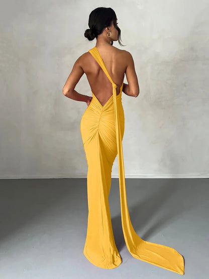 Hugcitar One Shoulder Backless Adjustable Scarf Loop Ruched Sexy Maxi Dress 2025 Women Elegant Y2K Streetwear Festival Outfit