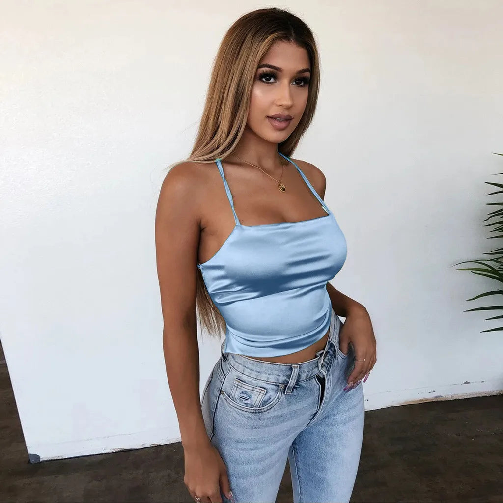 Slim Backless Crop Tops Soft Ice Silk Sexy Camisole Women's Club Party Bandage Camis Y2k Sexy Tank Tops Blusas Ropa De Mujer